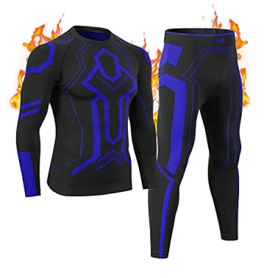 Image of MeetHoo Men&#039;s Thermal Underwear Set, Base Layer Long Sleeve Top Johns Compression Shirt Bottom Suit Winter Warm Running Sport Blue