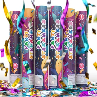 Image of 6 Pack Easy Clean Streamer Confetti Cannon Poppers Shiny Multicolor Streamers TUR Party Supplies Launches Up to 25ft Giant (12 in) for Graduation, Birthdays, Weddings