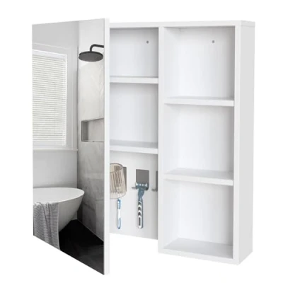 Image of Mondeer Bathroom Mirror Cabinet, Wall Cabinet with Door and Adjustable Shelves Hooks Space Saving, Modern Style, 65 x 15 cm, White