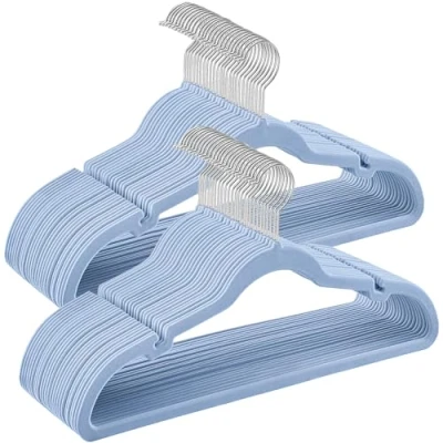 Image of SONGMICS Velvet Hangers, Pack 50 Coat Hangers for Clothes, Non Slip, with Shoulder Notches, Trouser Bar, 360 Swivel Hook, Space Saving, 0.6 cm Thick, 43 Long, Pale Blue CRF029Q05