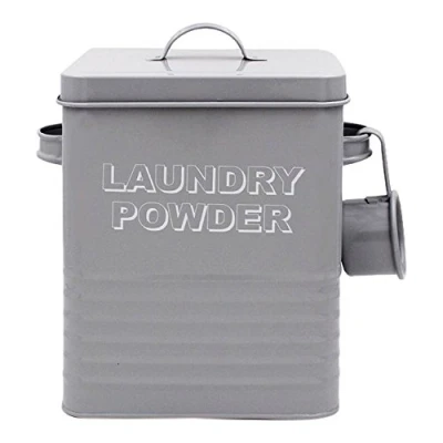 Image of Lesser &amp; Pavey New Sweet Home Laundry Powder Tin with Scoop, Metal, Grey, 18 x 15 25 cm