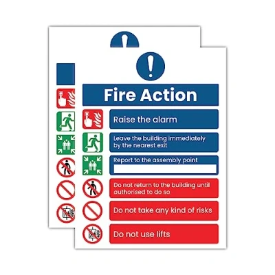 Image of Pack of 5 Fire Action Sign Self Adhesive (150 x 200 mm) Waterproof Notice Emergency Papa Prints®