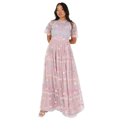 Image of Maya Deluxe Women&#039;s Ladies Maxi Dress Short Sleeve Round Neck Floral Embroidered Tulle Lace A line for Bridesmaid Wedding Guest Prom Frosted Pink 20