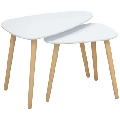 Image of HOMCOM Nesting Coffee Table, Set of 2 Side Tables, Stacking End Tables with Solid Wood Legs, for Living Room Bedroom, White
