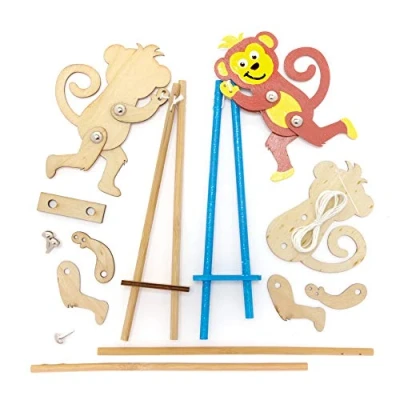 Image of Baker Ross FE200 Monkey Wooden Acrobat Kits Pack of 3, Build Your Own Puppets, Puppets for Kids, Model Kit