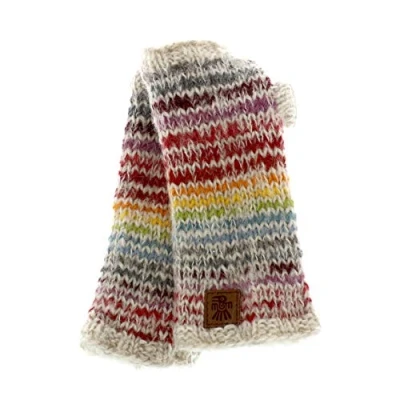 Image of Pachamama Women Wool Hand Warmers Fleece Lined Handknitted Random Stripe Multicoloured One Size Handmade Extra Warm Fair Trade