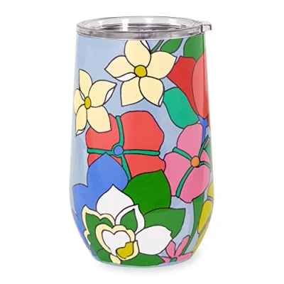 Image of Kate Spade New York Insulated Stainless Steel Wine Tumbler, 16 Ounce Double Wall Blue Stemless Travel Cup with Lid, Flower Bed