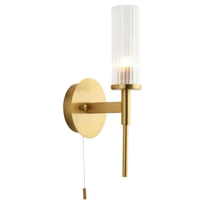 Image of Talo Bathroom Metal Wall Lamp, Satin Brass Plate, Ribbed Glass, IP44