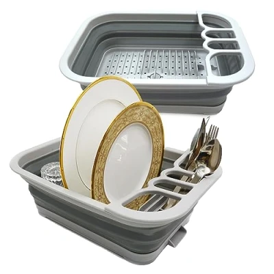 Image of SAMMART Collapsible Dish Drainer with Board Foldable Drying Rack Set Portable Dinnerware Organizer Space Saving Kitchen Storage Tray (2, Grey)
