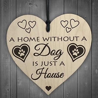 Image of RED OCEAN Home Without A Dog Is Just House Wooden Hanging Heart Shaped Plaque Gift Sign