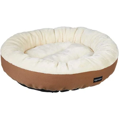 Image of Amazon Basics Round Cat Bed Plush Flannel Top, Pet and Dog for Indoor Use, 51 x 15 cm (L W H), Cream/Brown