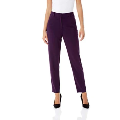 Image of Roman Originals Work Trousers for Women UK Ladies Office Smart Stretch Suit Pants Slacks Cigarette Straight Leg Tailored High Elasticated Waist Ankle Grazer Slim Regular Plum (28 inch) Size 12