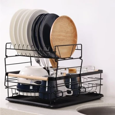 Image of Navaris 2 Tier Dish Rack Compact Drying Kitchen Board with Drip Tray &amp; Cutlery Holder Easy to Assemble and Clean Dishes Sink Drainer Black