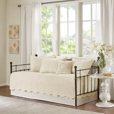 Image of Madison Park Daybed Cover Set Trendy Damask Quilting with Scalloped Edges All Season Luxury Bedding Bedskirt, Matching Shams, Decorative Pillow, 75&quot;x39&quot;, Tuscany Cream, 6 Piece