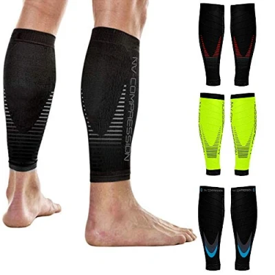 Image of NV Compression Essential Race and Recover Calf Guards/Sleeves (PAIR) 20 30mmHg For Sports Recovery, Shin Splints, Medical, Work, Flight Running, Cycling (S.Blk, L XL)