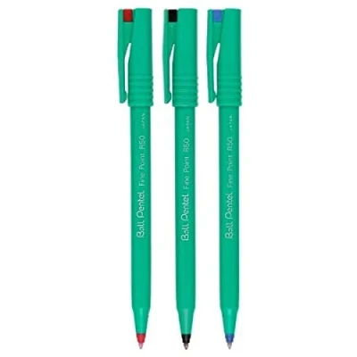 Image of Pentel R50 Ballpoint Pen 0.4mm 77% Recycled Black, Blue, Red Pack of 3