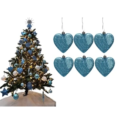 Image of Simply Products 6 Heart Baubles Great Christmas Tree Decorations, Glitter (Ice Blue Glitter)