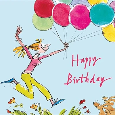 Image of Happy Birthday Female with Balloons Quentin Blake Fun Greeting Card by Woodmansterne