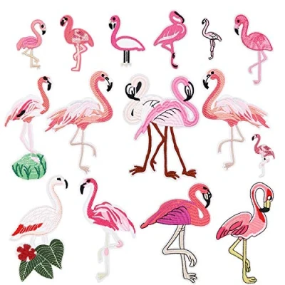 Image of 15pcs Flamingo Iron On Patches Embroidered Motif Applique Assorted Size Decoration Sew Custom for DIY Jeans, Jacket, Kid&#039;s Clothing, Bag,Caps, Arts Craft Making (Flamingo 15pcs)