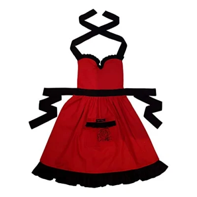 Image of Ragged Rose Frilly Apron, cotton, Red with Black, one Size 10 16