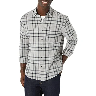 Image of Amazon Essentials Men&#039;s Long Sleeve Flannel Shirt (Available in Big &amp; Tall), Black Light Grey Plaid, L