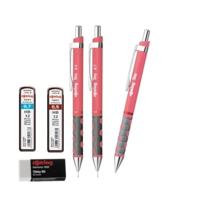 Image of rOtring Tikky Pencils and Ballpoint Pen set Refills 0.7 mm, 0.5 mm Tea Rose Eraser 28 Count
