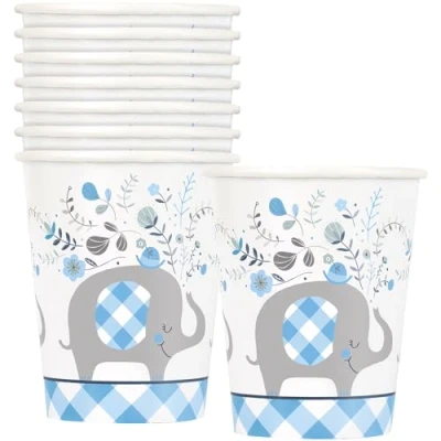 Image of Blue Floral Elephant Paper Cups (255g) Adorable &amp; Delightful Design Perfect for Baby Showers, Birthdays Celebrations 8ct