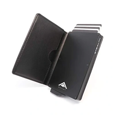 Image of Stealth Wallet RFID Card Holder Smart Minimalist Pop Up Wallets with Gift Box Slim Lightweight Metal Credit Holders for Men &amp; Contactless Protector (Black Aluminium, Black Leather)