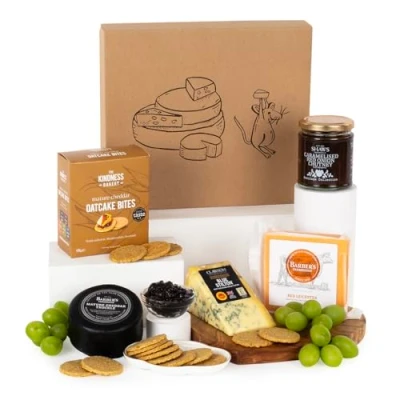 Image of Virginia Hayward Cheese Hamper Hampers &amp; Gourmet Gifts, Savour Mouse House Cheddar and Red Leicester Truckles, Caramelised Onion Chutney Oatcake Bites Gifts for Women Men