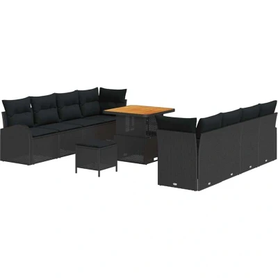 Image of vidaXL 11 Piece Garden Sofa Set with Cushions Black Poly Rattan Acacia