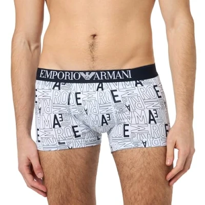 Image of Emporio Armani Men&#039;s Stretch Cotton All Over Bold Trunk, Marine Logo Print/White, M