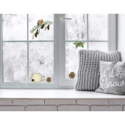 Image of QuoteMyWall Watercolour Robin Mouse Holly Pinecones Christmas Window Stickers