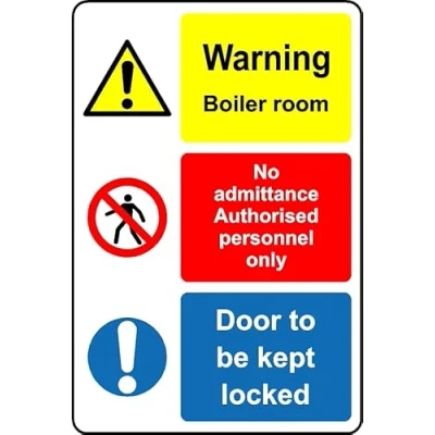 Image of Warning Boiler Room Door to be Kept Locked Safety Sign 1mm Plastic (300mm x 200mm)