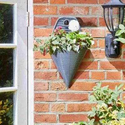 Image of Garden Mile 14in Slate Cone Rattan Hanging Basket Outdoor Durable For Decorations, Patio Flower Planters Weatherproof Planter