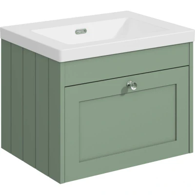 Image of Balterley 600mm Wall Hung 1 Drawer Unit with Minimalist Basin No Tap Hole Satin Green