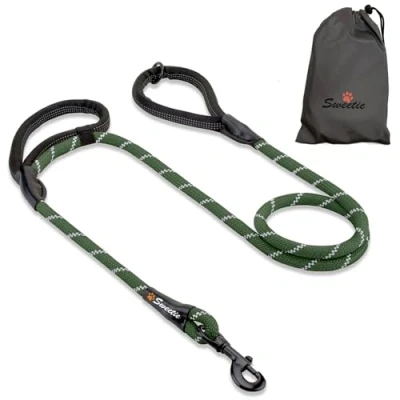 Image of Rope Dog Lead, Green Strong Leash, 2 Padded Handles 5 FT Medium, Large Dogs Reflective, Weather Resistant.