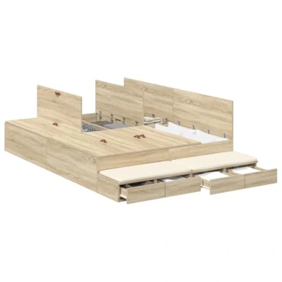 Image of vidaXL Sonoma Oak Storage Bed 150 x 200 cm Wood with Large Drawers Modern Design Easy to Assemble Stylish and Durable