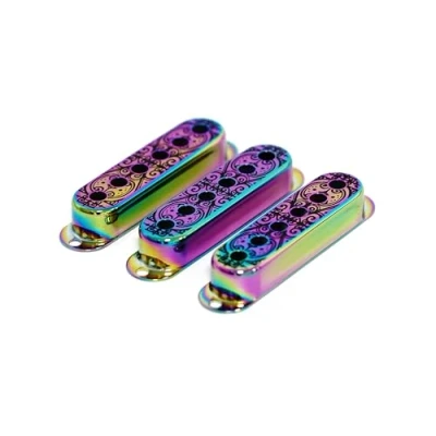 Image of Guyker 3Pcs Single Coil Guitar Pickup Covers (52mm Pole Spacing), Copper Mounting Ring Set Accessories Replacement Part Window Flower Surface, (PS004, Chameleon Rainbow)