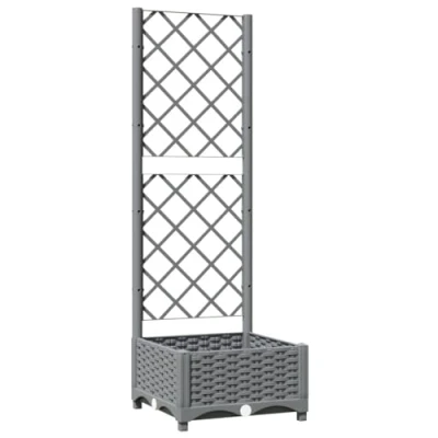 Image of vidaXL Outdoor Garden Planter with Trellis Light Grey Square Plant Pot Bottom Box, Polypropylene Patio/Terrace Climbing Support