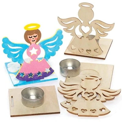 Image of Baker Ross FE926 Angel Wooden Tealight Kits Pack of 4, Holder to Decorate and Display, Crafts for Children, Ideal Kids Arts Project