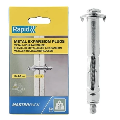 Image of Rapid Hollow Wall Anchors, Pack of 50 Heavy Duty Metal Plasterboard Fixings for 16 26 mm Thickness, 25 kg Load, Cavity Fixings, Plugs, &amp; Chipboard Plugs (5001561)