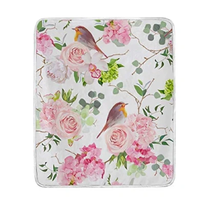 Image of jeansame Bed Blanket Throw Rose Peony Robin Birds Floral Flowers Spring Blankets Velvet Microfibre for Sofa Nap Women Men Boys Girls Kids 127cm x 152cm