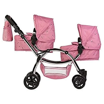 Image of Roma Darcie Twin Dolls Pram in Pink, Suitable From 3 to 16 Years, Adjustable Handle Height, Combinations, Double Dolly Toy Stroller For Christmas, Ideal Reborn