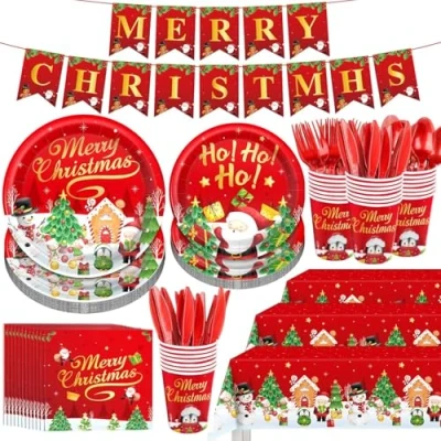 Image of KAHEIGN 170Pcs Christmas Paper Party Tableware Set, 24 x Dinner Plates &amp; Salad Plates, 270ml Cups, Napkins, Reusable Knife Fork Spoon, 1 Table Cloth Banner for Xmas