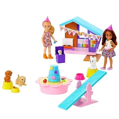 Image of Barbie Chelsea Dog Party Two Dolls with Pets and Play Set Accessories, Toy +3 Years (Mattel HJY88)