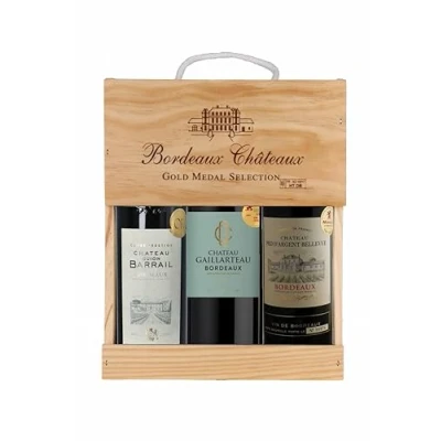 Image of Selection Bordeaux Gift box 3 Red Wines with gold medal in wooden case Ideal to offer Origin : Bordeaux, France (3 x 0.75 l)