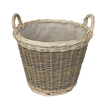 Image of Red Hamper Medium Unpeeled Hessian Lined Wicker Log Basket, Brown, 32 x 42 cm