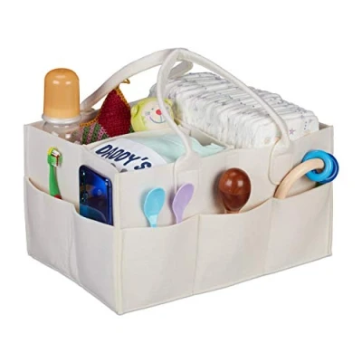 Image of Relaxdays Baby Diaper Caddy, 11 Compartments, Removable Dividers, Portable Felt Bag, H x W D: 34 33 23 cm, Beige