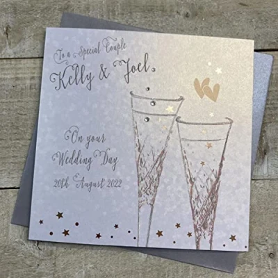 Image of PERSONALISED WEDDING CARD. ANY RELATION. SPECIAL COUPLE. CRYSTAL FLUTES DESIGN. Handmade by White Cotton Cards. (P19 37 SC &amp; XP19 SC)