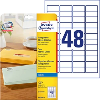 Image of Avery Zweckform J4720 25 Transparent Address Labels 45.7 x 21.2 mm Sheets